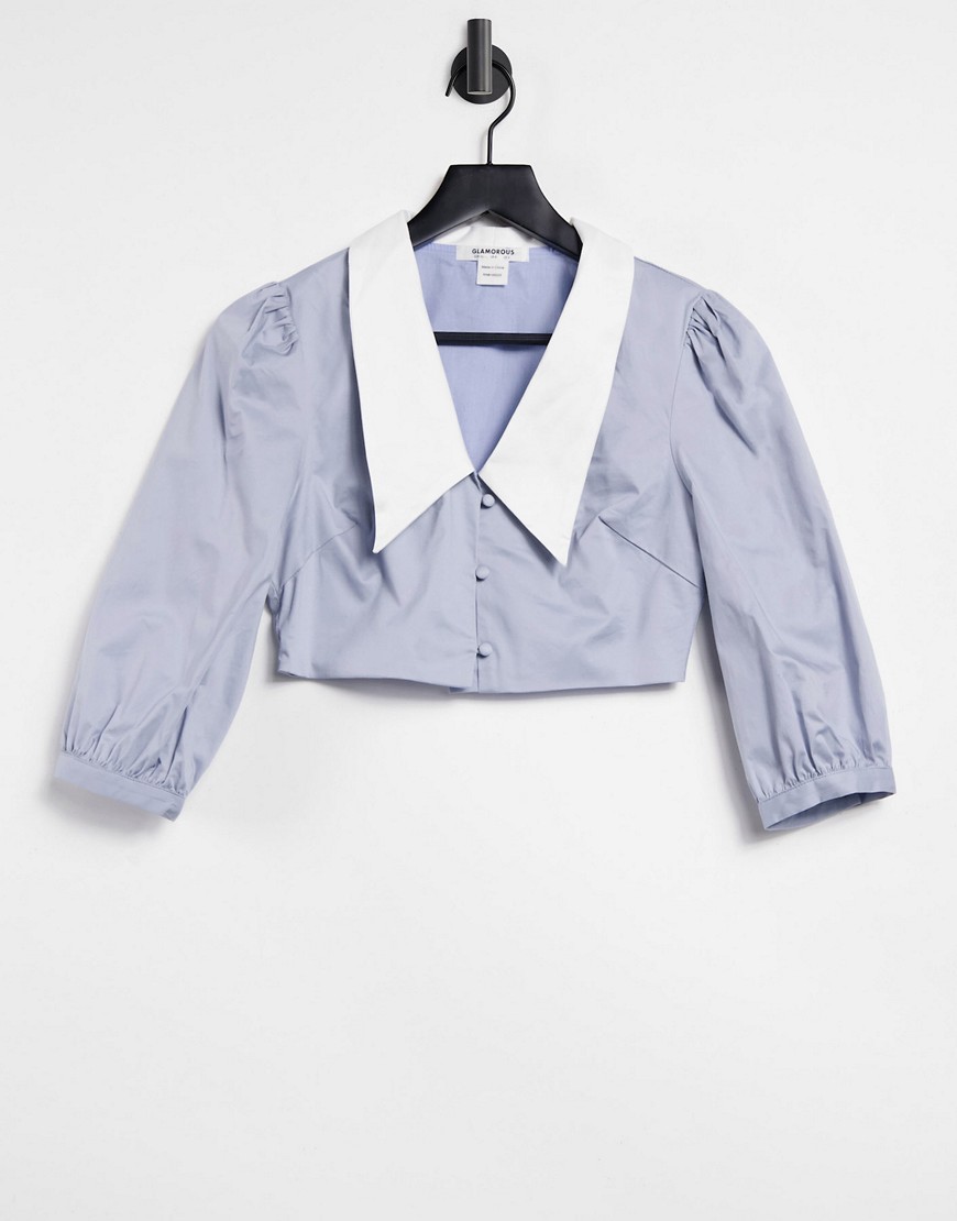 фото Укороченная рубашка из поплина с объемными рукавами и заостренным воротником glamorous-голубой