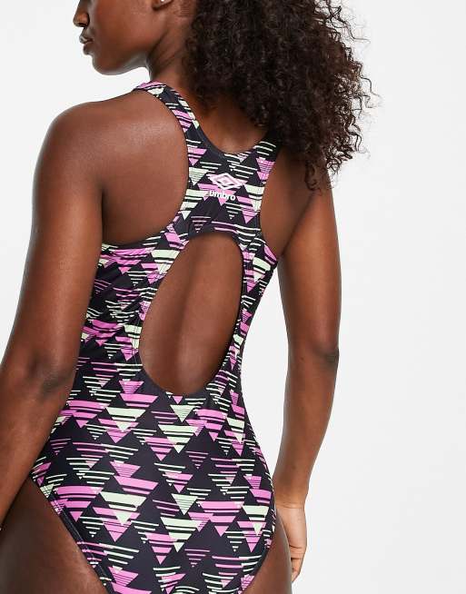 Umbro - Costume da bagno nero con scollo a vogatore sul retro e stampa a rombi multicolore