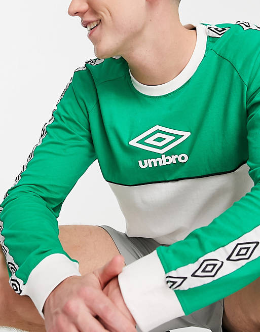 Umbro Global taped long sleeve t-shirt in green and white