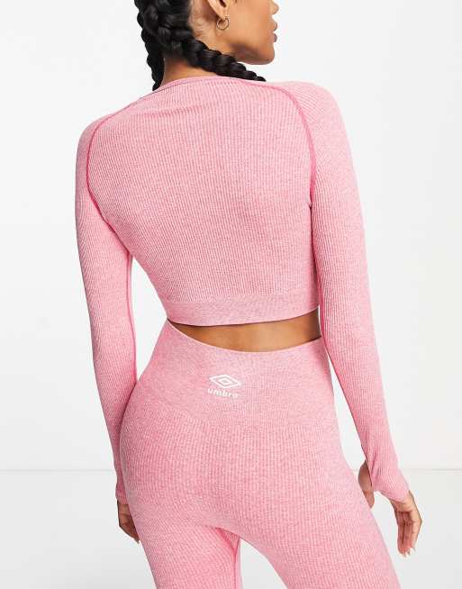 Umbro - Naadloze geribbelde crop top met lange mouwen in gemêleerd roze, 2 van 4