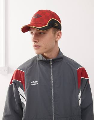 paneled logo cap in red and black