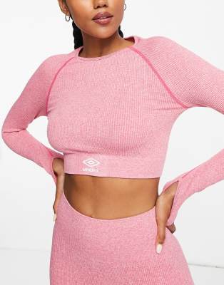 Umbro seamless ribbed long sleeve crop top in pink marl - ASOS Price Checker