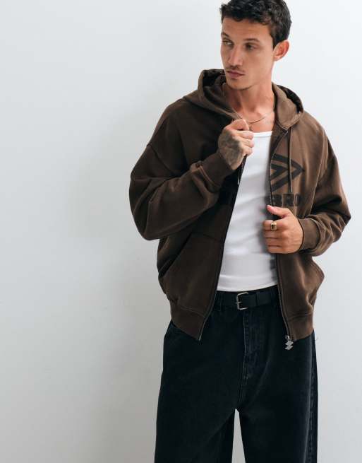 Umbro Washed Zip Through Hoodie in brown, 3 of 5