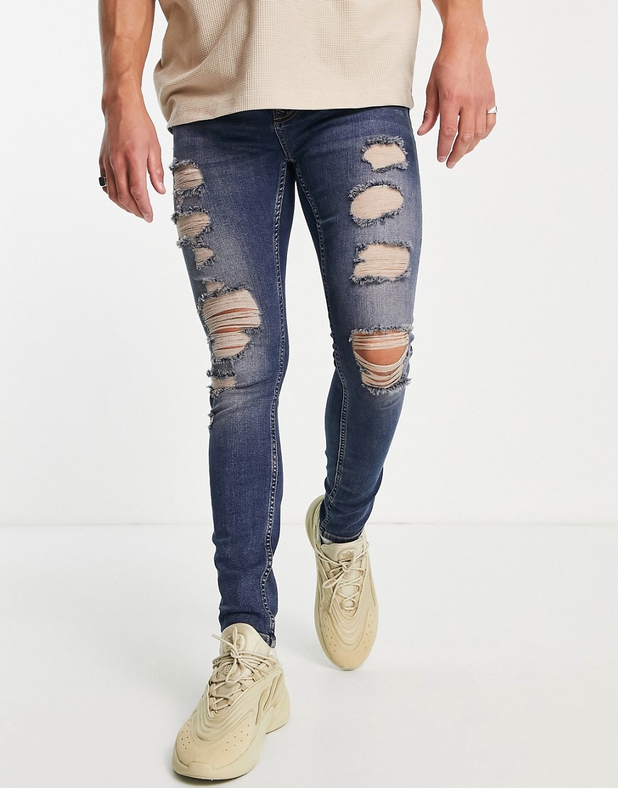 фото Умеренно выбеленные супероблегающие джинсы с экстремально рваной отделкой topman-голубой