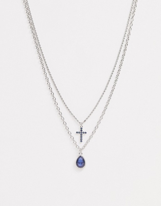 Uncommon Souls blue stone layered cross neck chain in silver