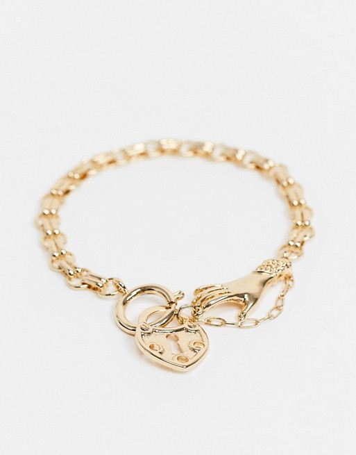 Uncommon Souls chain bracelet in gold with padlock and hand charms