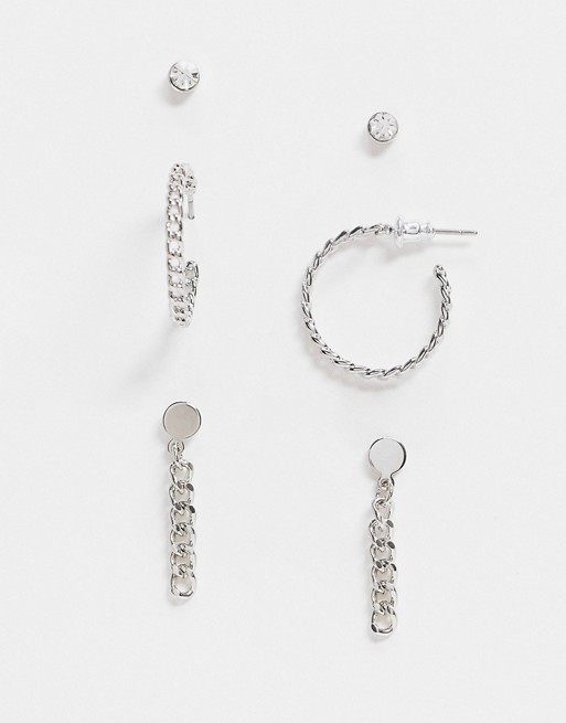 Uncommon Souls earring pack with studs and chain detail in silver