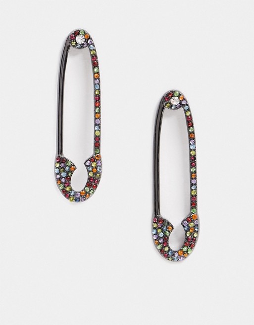 Uncommon Souls earrings in safety pin design with rainbow diamante detail