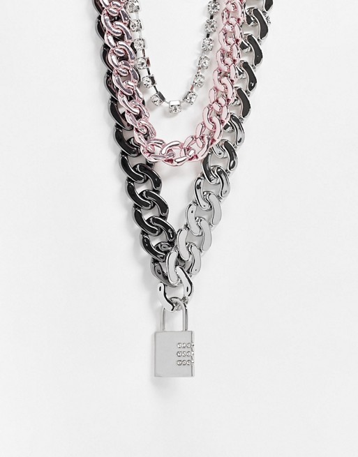 Uncommon Souls layered chunky neckchains in multi with padlock