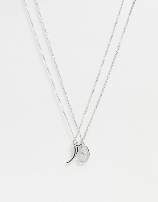 Uncommon Souls layered neck chains in silver with horn and disc pendants