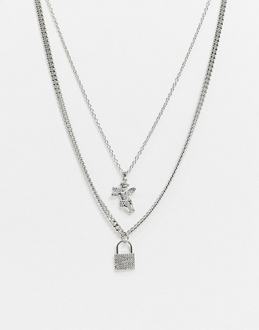 Uncommon Souls layered neck chains with padlock and cherub pendants in silver