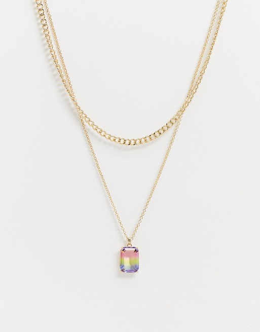 Uncommon Souls layered neckchains in gold with multicoloured stone pendant