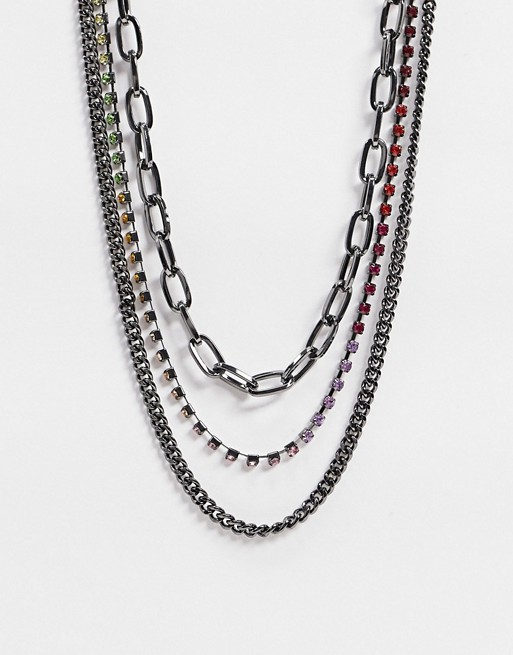 Uncommon Souls layered neckchains in gunmetal with rainbow diamante chain