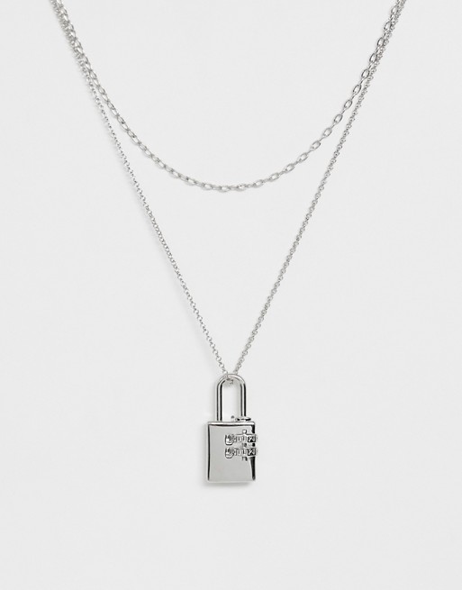 Uncommon Souls layered padlock neck chain in silver