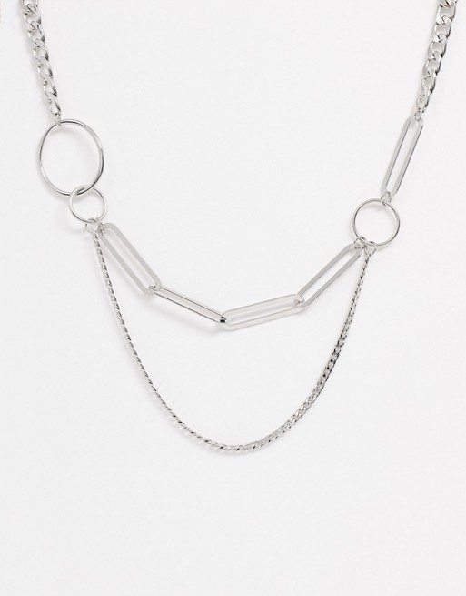 Uncommon Souls multi link pin and hoop neck chain in silver