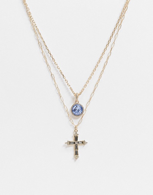 Uncommon Souls multi row neckchain with cross & blue stone pendant in gold
