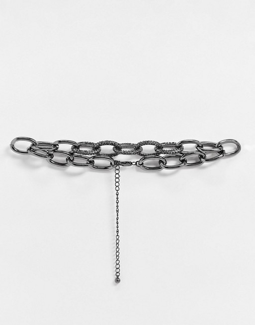 Uncommon Souls neckchain choker with oval links in gunmetal and diamante detail
