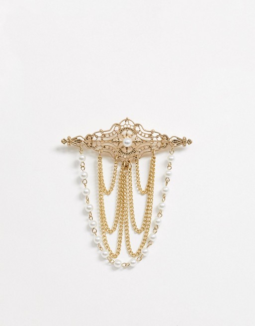 Uncommon Souls pearl ornate brooch in gold