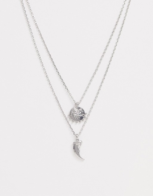 Uncommon Souls tooth and disc pendant layered neck chain in silver