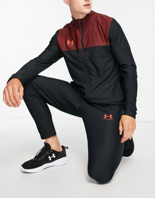 Under Amour Football Challenger tracksuit set in black and burgundy