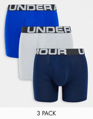 Under Armour Charged cotton 6 in boxers in grey and blue 3 pack