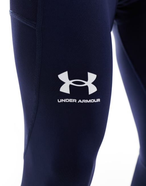 Under Armour Leggings Women Small Navy Blue Mini Slash Heat Gear Spell Out  Logo