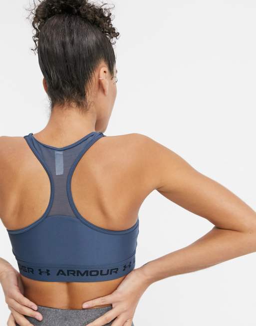 Under Armour crossback mid-support sports bra with mesh panel in blue, 2 of 4