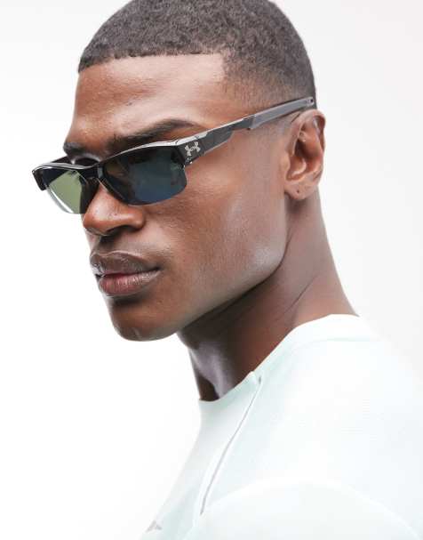 Under Armour – Fanatical – Rechteckige Sonnenbrille in Schwarz mit grünen Gläsern - view 1