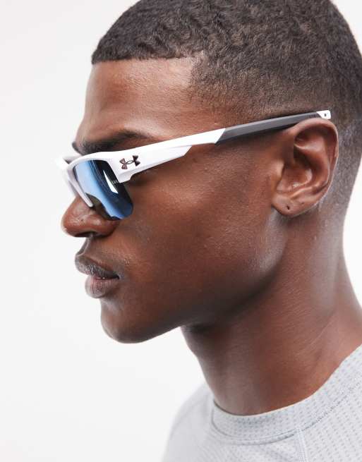 Under Armour Fanatical rectangular sunglasses with blue lenses in white - WHITE, 2 of 3