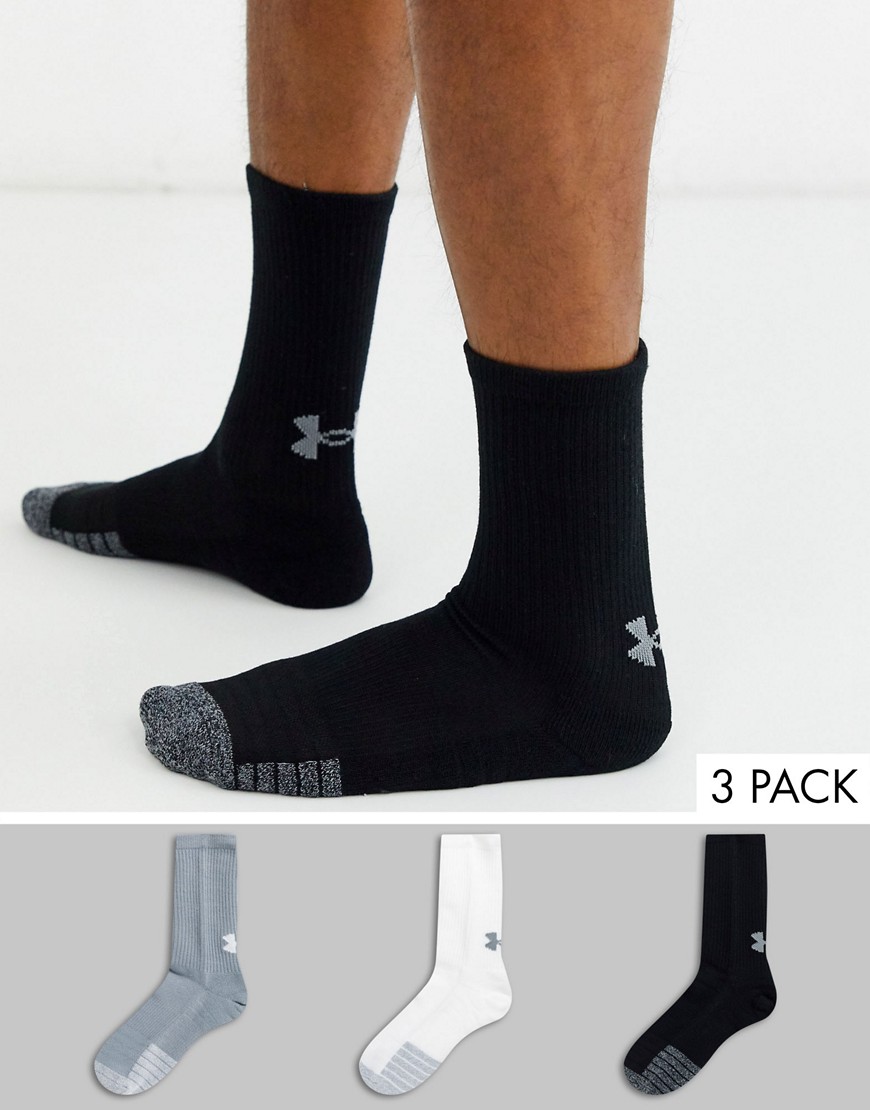 Under Armour Heatgear 3 pack crew socks in black white and gray-Multi