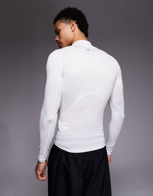 Under Armour – Heatgear – Vit t-shirt med långa ärmar, ståkrage och kompression, 3 av 5