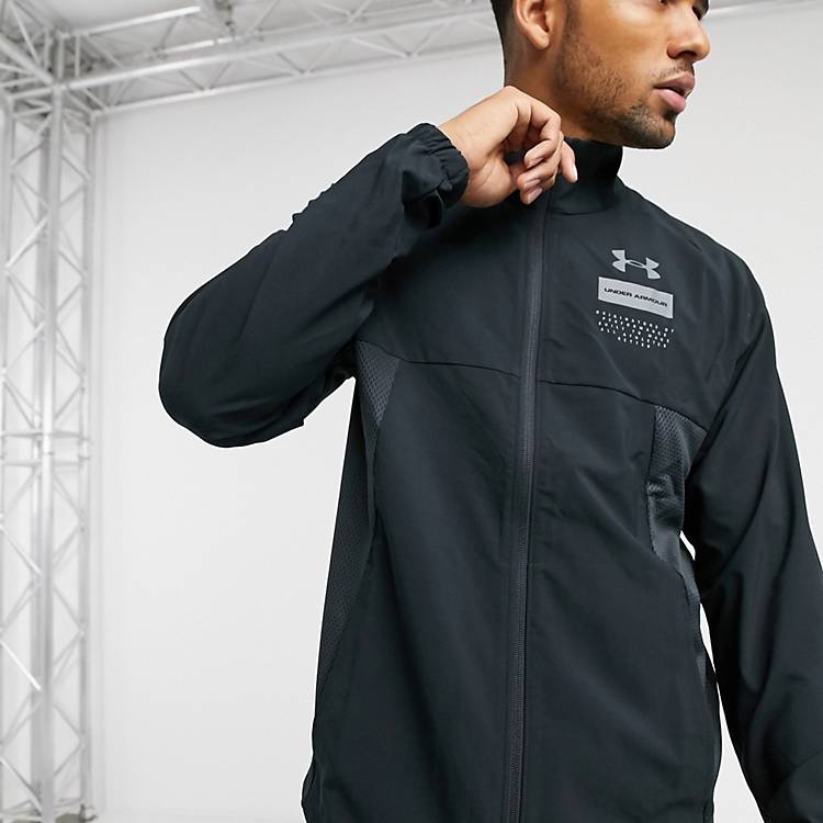 Under Armour lightweight woven zip thru jacket in black | ASOS