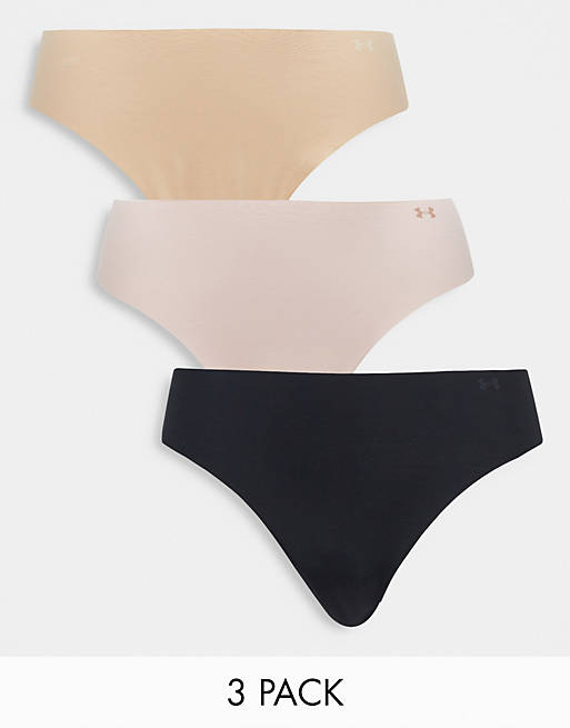 Under Armour Pure Stretch 3 pack seamless thongs in black pink and beige