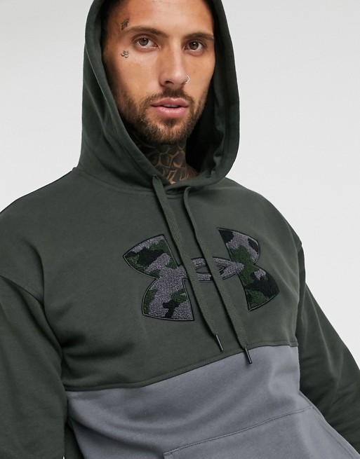 Under Armour Rival fleece hoodie with camo logo in green