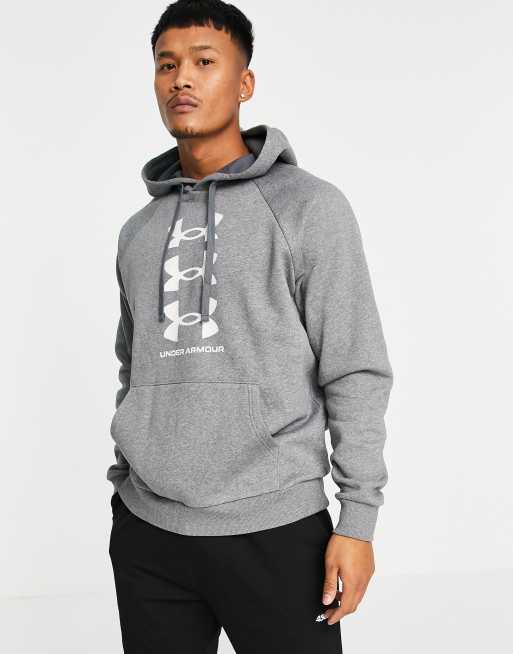 Under Armour Rival multi logo fleece hoodie in gray