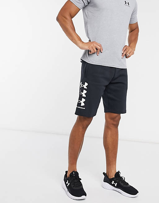 Under Armour Rival multi logo fleece shorts in black
