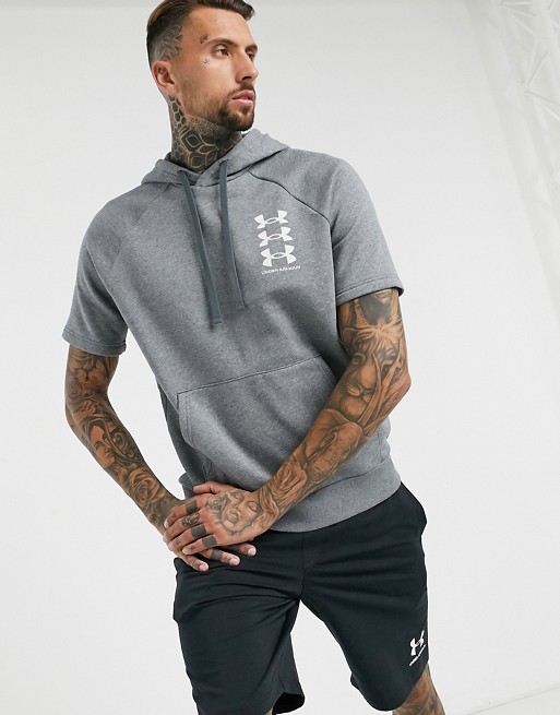 Under Armour Rival triple logo sleeveless hoodie in grey marl