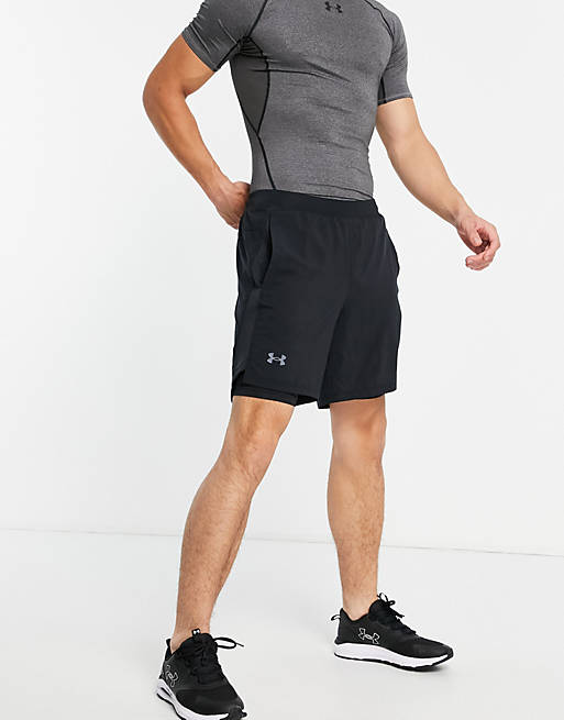 Under Armour Run Launch 7 inch 2 in 1 shorts in black | ASOS