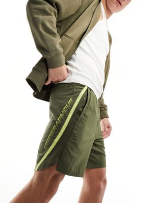 Under Armour Running Launch 7 inch graphic shorts in khaki