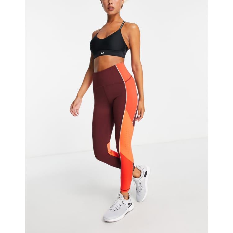 Under Armour Rush ankle leggings in burgundy and red insert