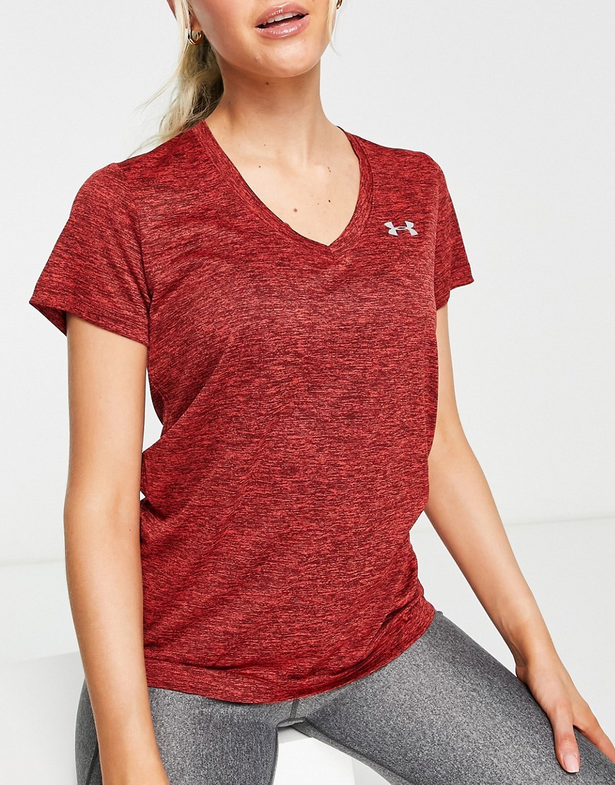 Under Armour Tech v neck t-shirt in burgundy marl-Red