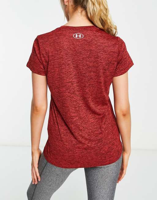 Under Armour Tech v neck t-shirt in burgundy marl