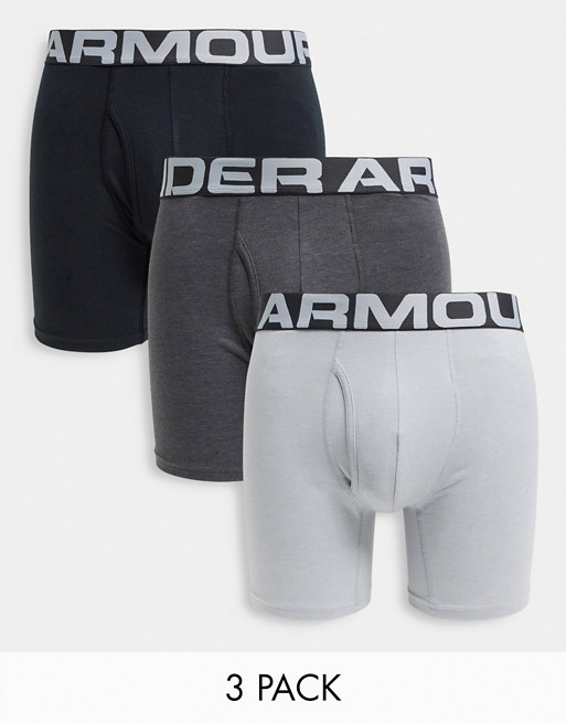 Under Armour Training Charged cotton 3 pack trunks in black, grey and white