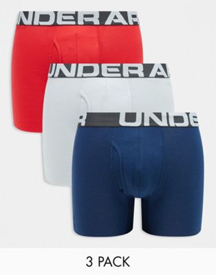 Under Armour Training Charged cotton 3 pack trunks in red navy and grey