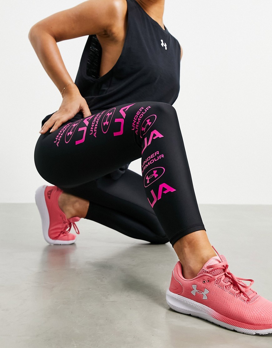 Under Armour Training Heatgear graphic 7/8 crop leggings in black and pink