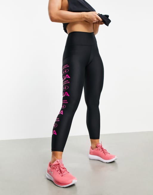 Under Armour Training Heatgear graphic 7/8 crop leggings in black and pink