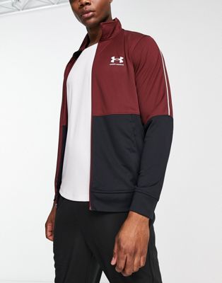 Under Armour Training pique track jacket in black and burgundy colourblock - ASOS Price Checker