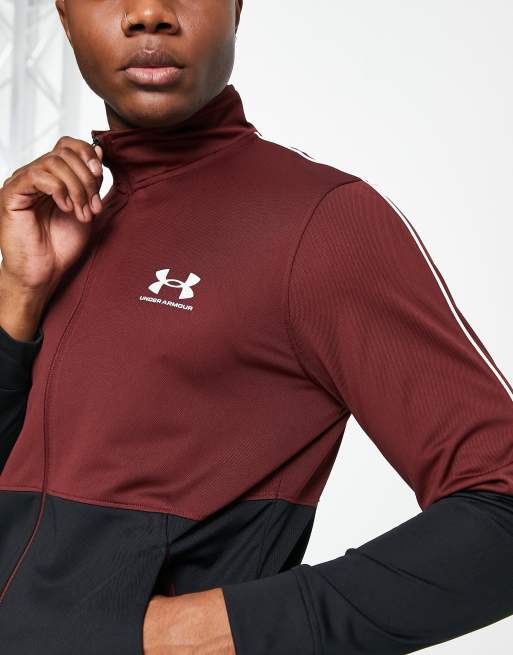 No de moda mínimo raíz Under Armour Training pique track jacket in black and burgundy colourblock  | ASOS