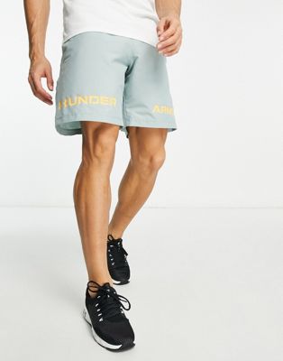 Under Armour Training woven graphic wordmark shorts in light green