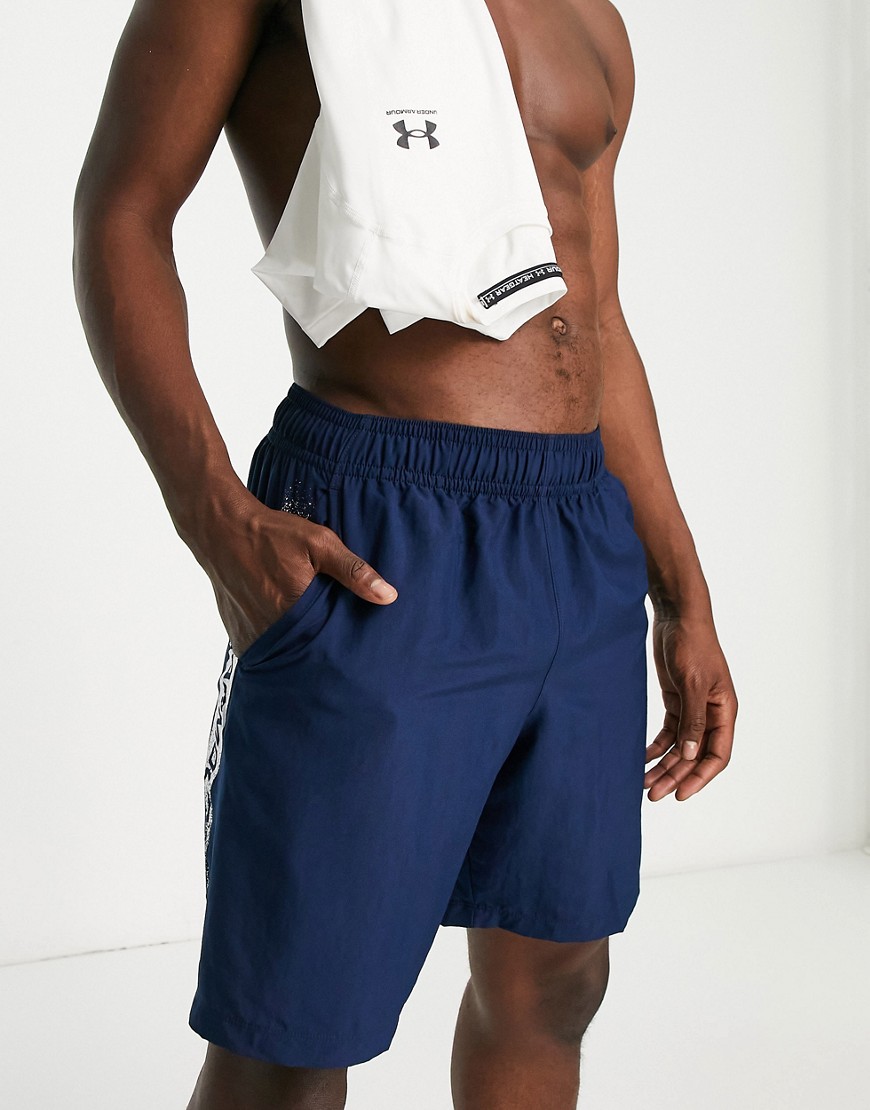 Under Armour Training woven side graphic shorts in navy